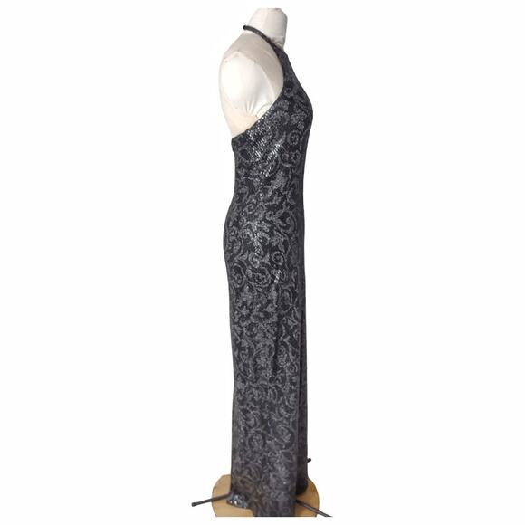 ST JOHN Black Halter Dress Size 6 Formal Long Maxi Floral Sequin Faux Snakeskin - Picture 4 of 12